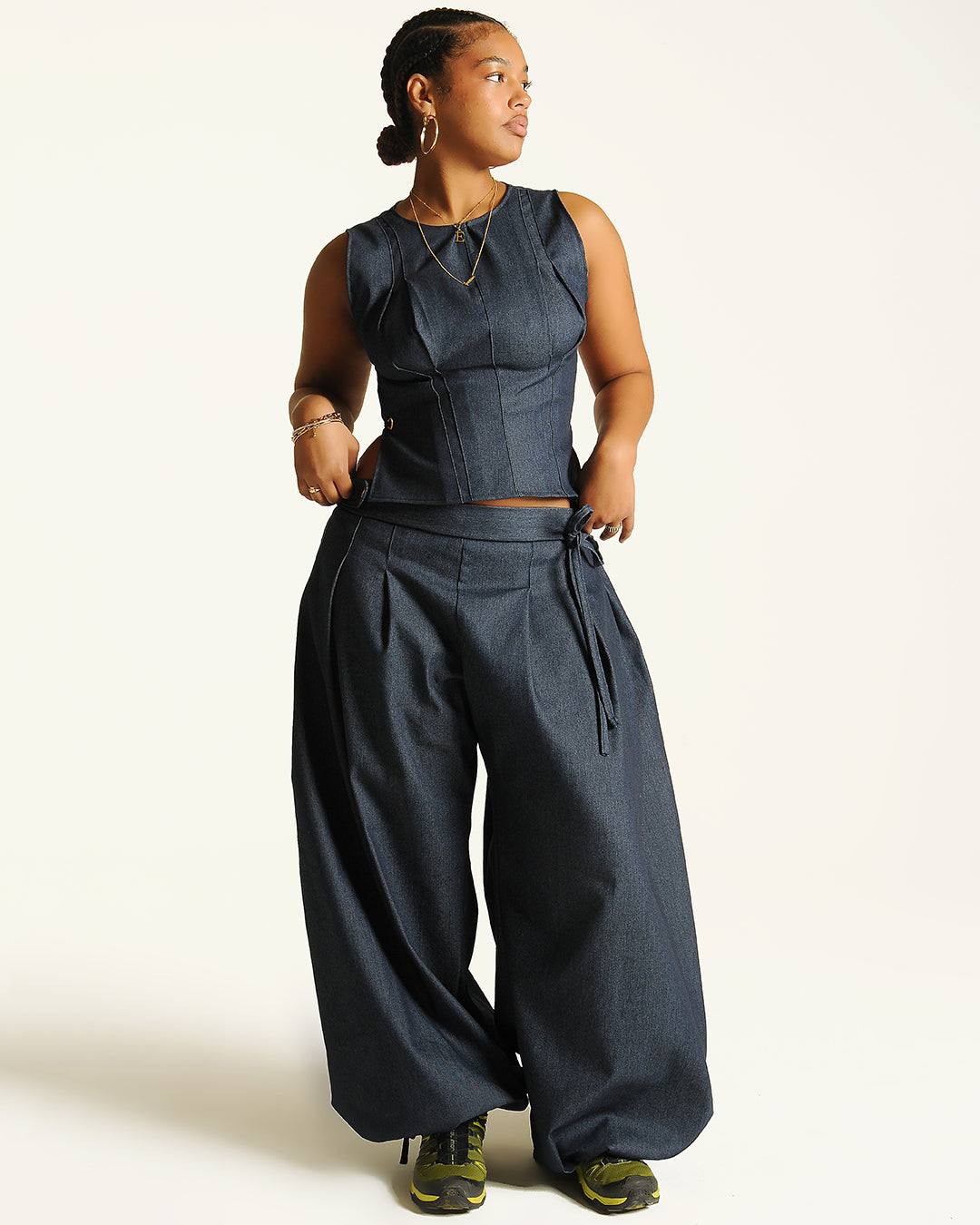 Box pleat baggies - DENIM, M, Short