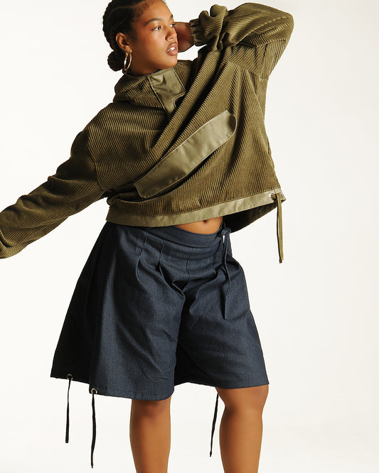 Box pleat baggy shorts- sage, black, cream & denim