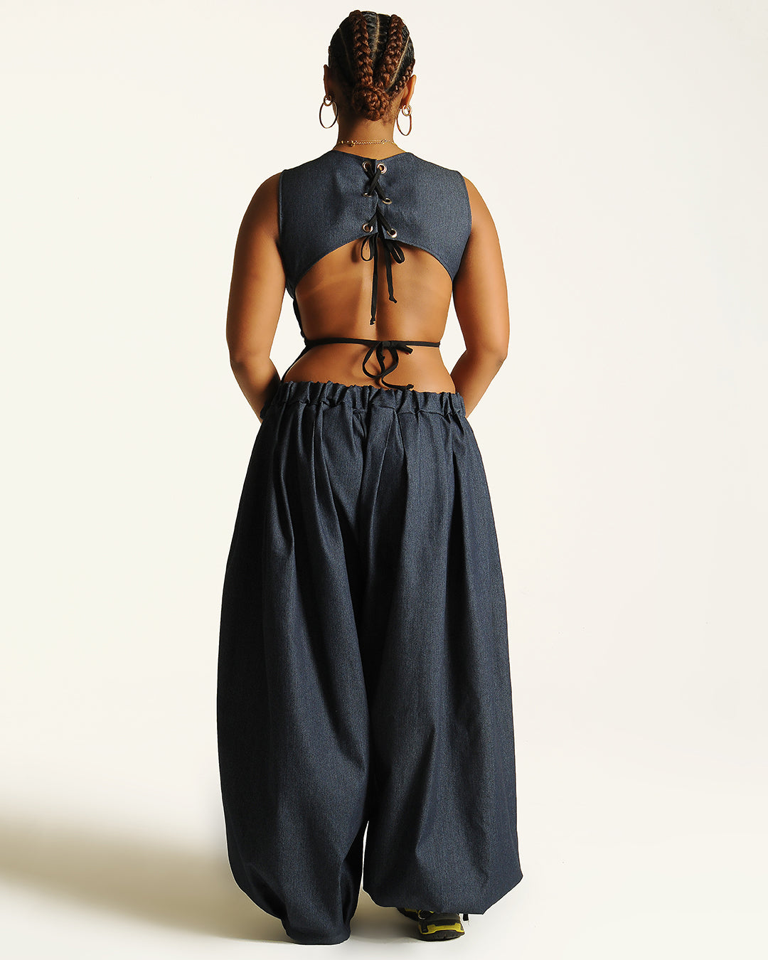 READY MADE denim box pleat baggies- Large / Long