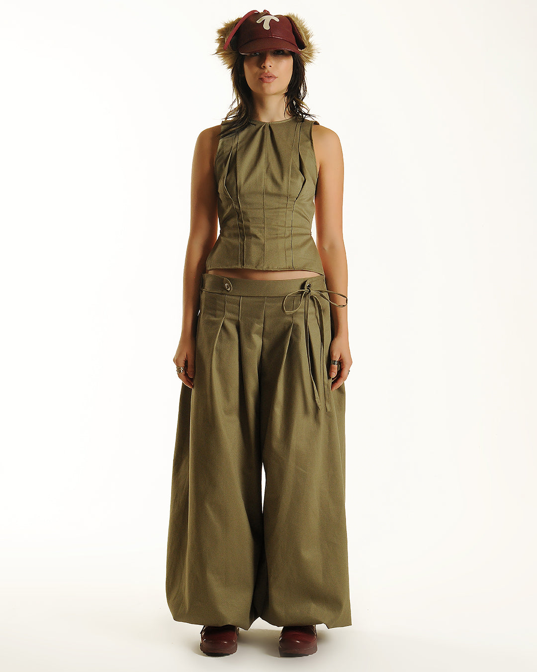 Box pleat baggies- sage, black, cream