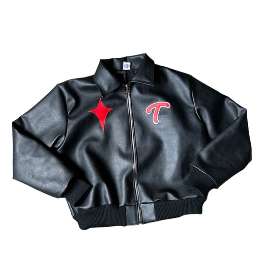 Collared faux leather bomber