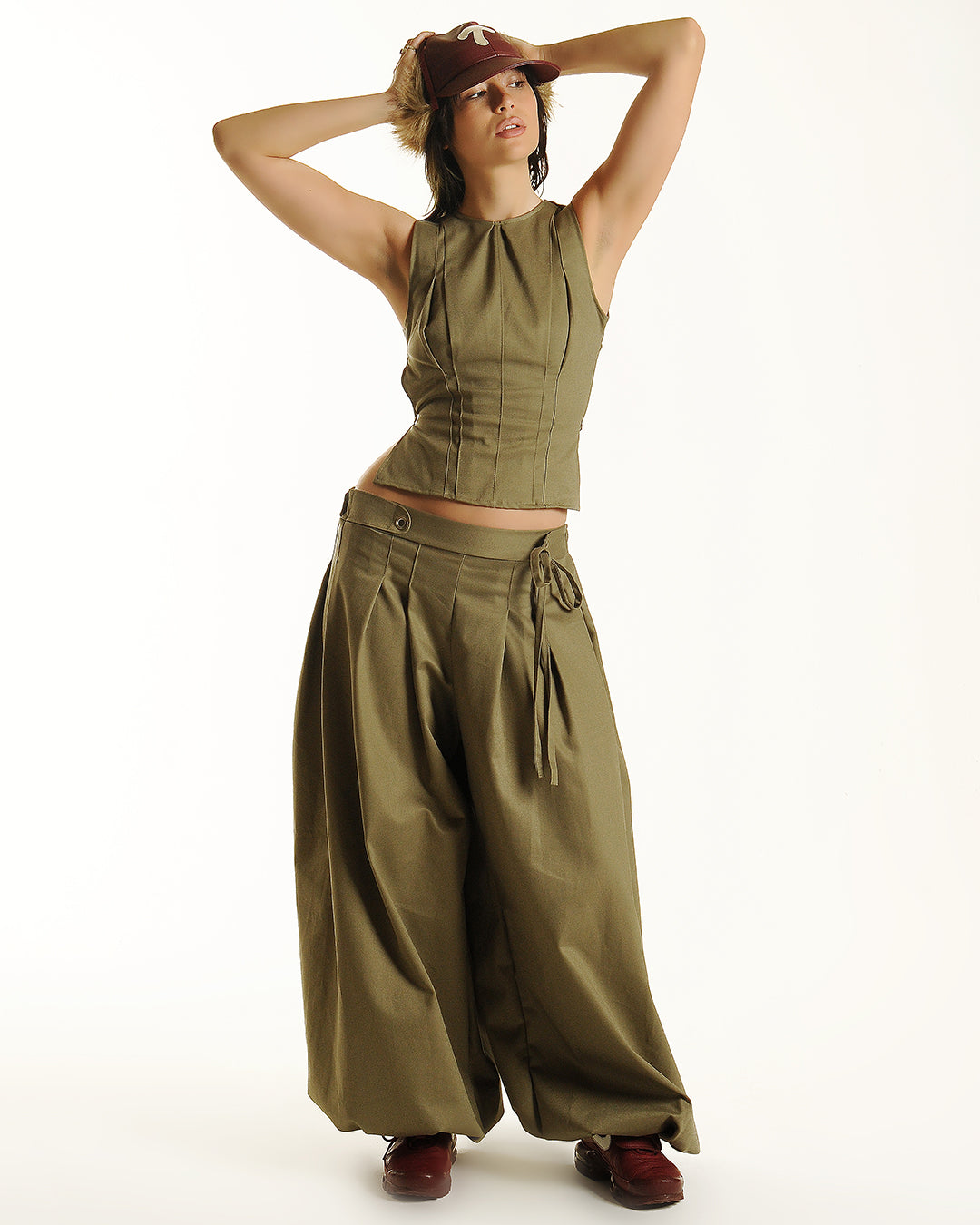 Box pleat baggies- sage, black, cream