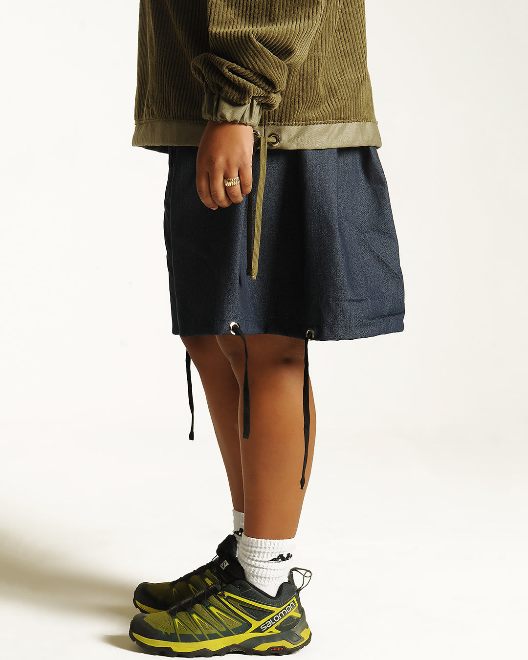 Box pleat baggy shorts- sage, black, cream & denim