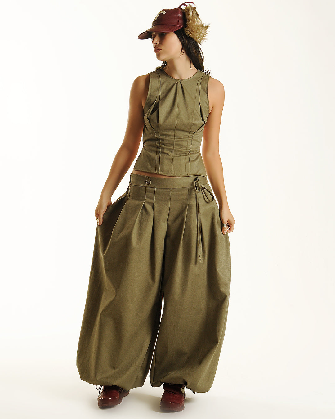 Box pleat baggies- sage, black, cream