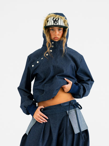 Faux fur trim denim pullover