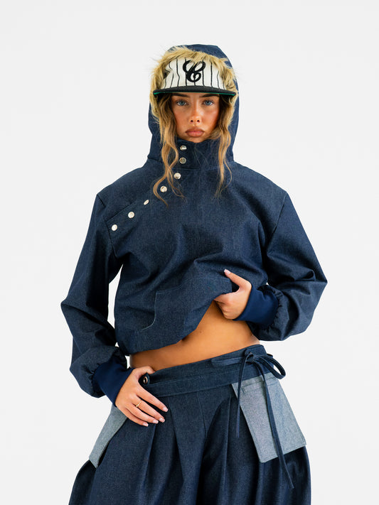 Faux fur trim denim pullover