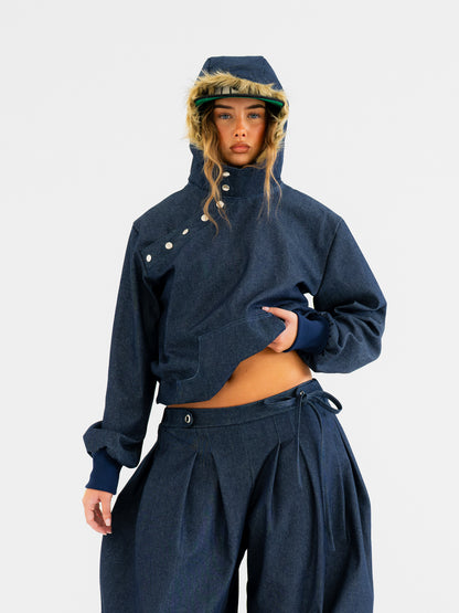 Faux fur trim denim pullover