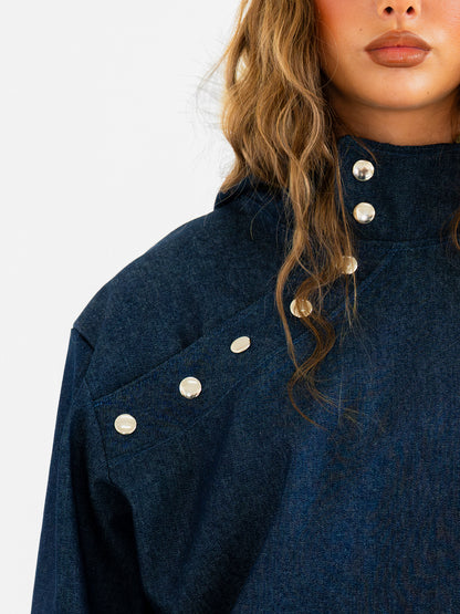 Faux fur trim denim pullover