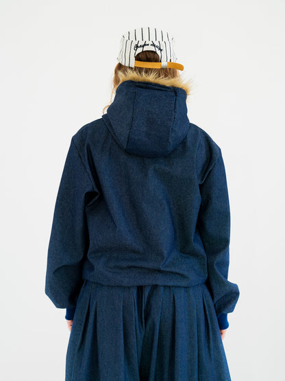 Faux fur trim denim pullover