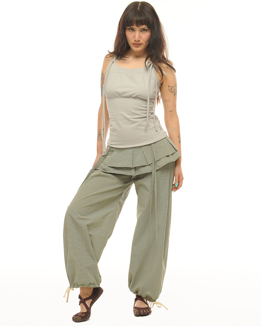 Cotton side pleat straight legs