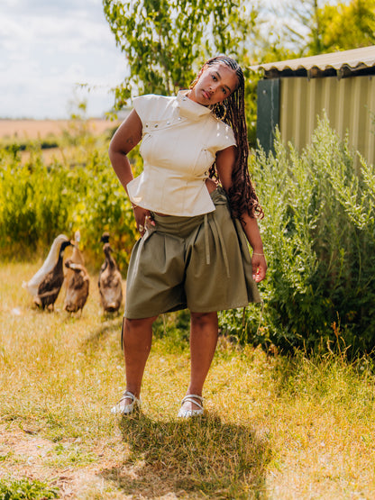 Box pleat baggy shorts- sage, black, cream & denim